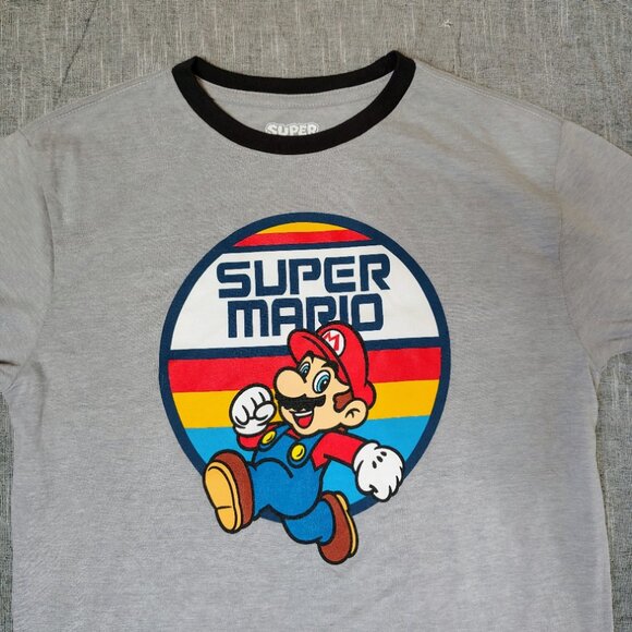Super Mario Nintendo Ringer T-Shirt Boys Size Large Gray Blue Cotton Crewneck - Picture 2 of 8